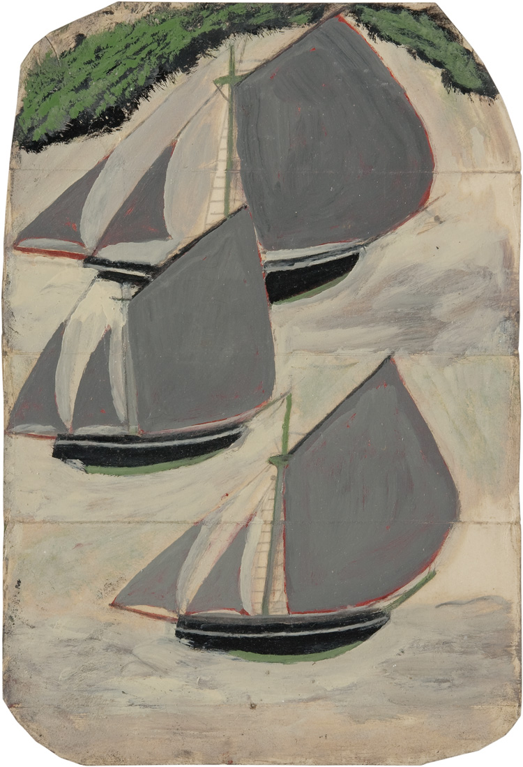 Alfred Wallis. Three grey-sailed ships, no date. Oil on card, 33 x 22.5 cm. Courtesy of Kettle’s Yard, University of Cambridge.