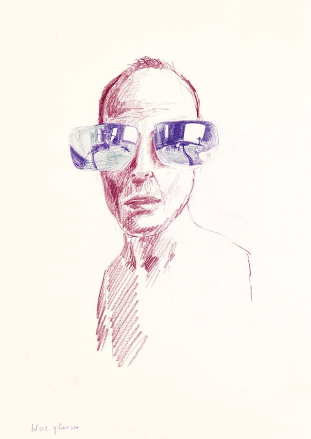 Erwin Wurm, Blue Glasses, 2016 – 2017. Crayon on paper, 42 x 29.7 cm. Courtesy Galerie Thaddaeus Ropac, London, Paris, Salzburg. © Erwin Wurm/DACS, 2019.