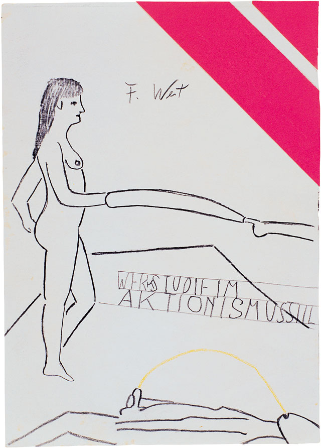 Franz West, Untitled (drawing from actionist inspiration), c1974. Pen, self-adhesive papers on paper, 21 × 15 cm. Franz West Privatstiftung / Estate Franz West, Vienna. Photo © DR / All rights reserved.