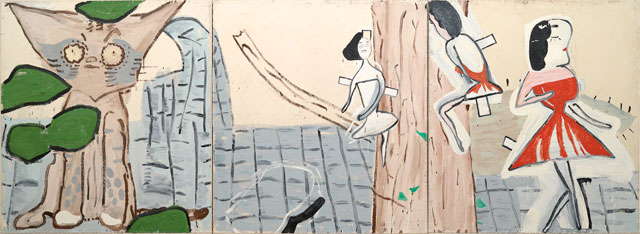 Rose Wylie, Red Twink and Ivy, 2002. Oil on canvas, 183 × 504 cm. Courtesy of the artist.