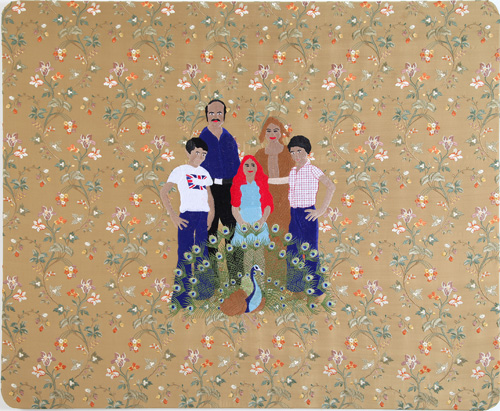 Raed Yassin. Family Portrait With Peacock (Dancing Smoking Kissing Series), 2013. Silk thread embroidery on embroidered silk cloth, 90 x 110 cm. Kalfayan Galleries. Photograph courtesy of Kalfayan Galleries, Athens, Thessaloniki.