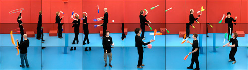 David Hockney. Still from The Jugglers, June 24th 2012, 2012. Eighteen-screen video installation, colour, sound; 9 min. © David Hockney. Image courtesy Hockney Pictures and Pace Gallery.